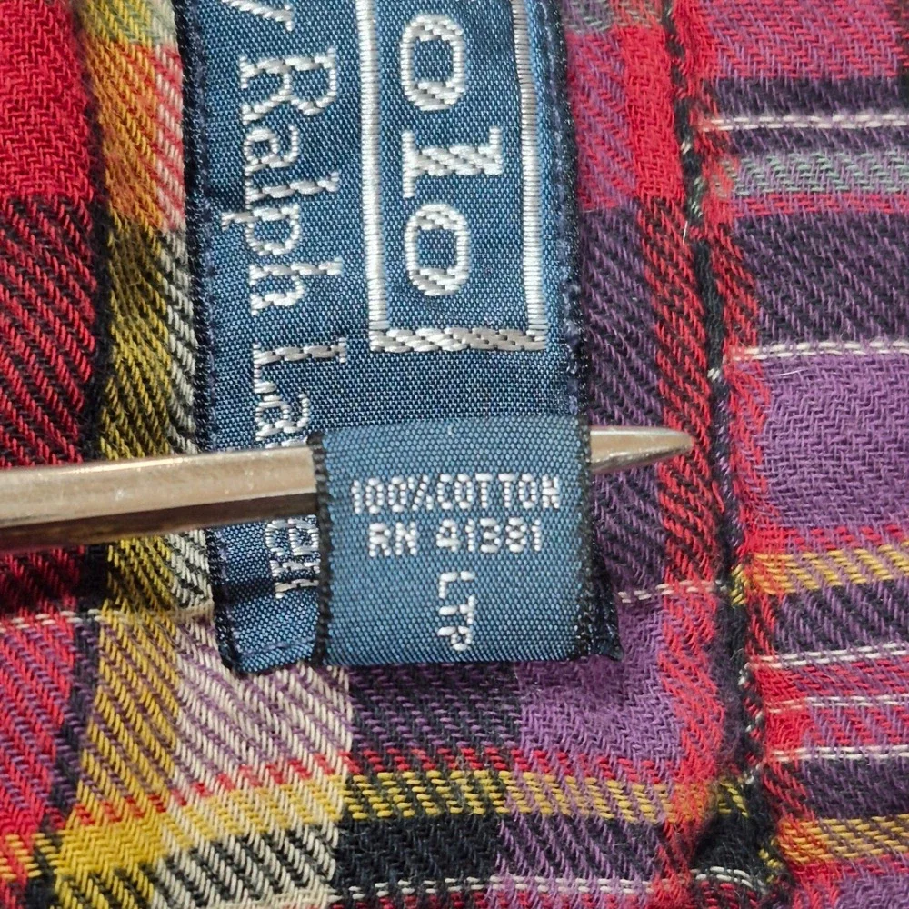 Vtg 90s Polo By Ralph Lauren Lined Flannel Shirt L Plaid 100% Cotton Preppy